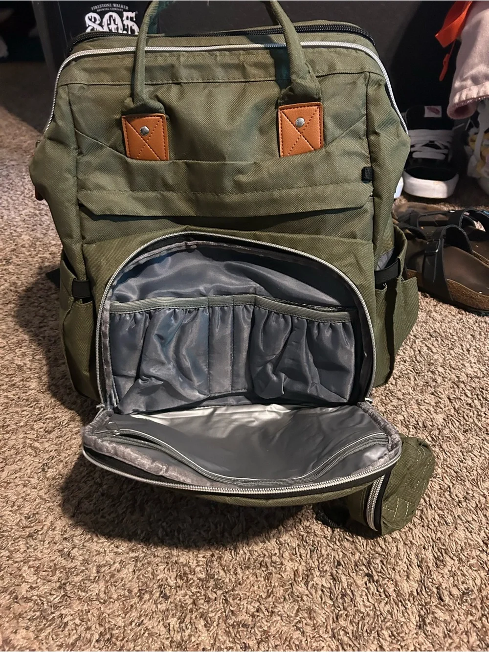 Amazon Olive Green Baby Diaper Backpack with Tan Accents